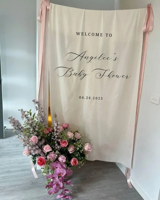 Linen Wedding Sign, Fabric Wedding Banner, Bridal Shower Sign, Wedding Drop, Baby Shower, Destination Wedding, With stand