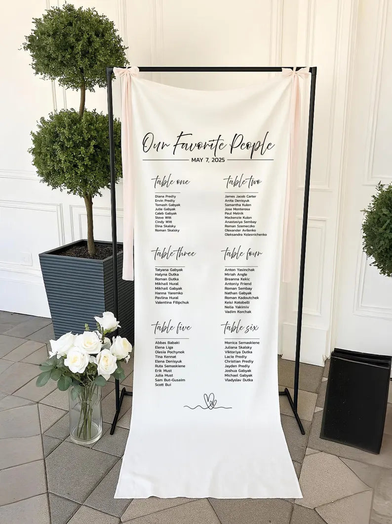 Linen Fabric Wedding Table Plan/Seating Chart with Silk Ribbon - with stand