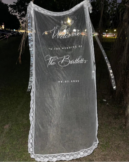Romantic Sheer Wedding Welcome Sign, Personalized Lace-Trimmed Sign, Luxury Sheer Wedding Welcome Sign, Elegant Bridal Lace Décor
