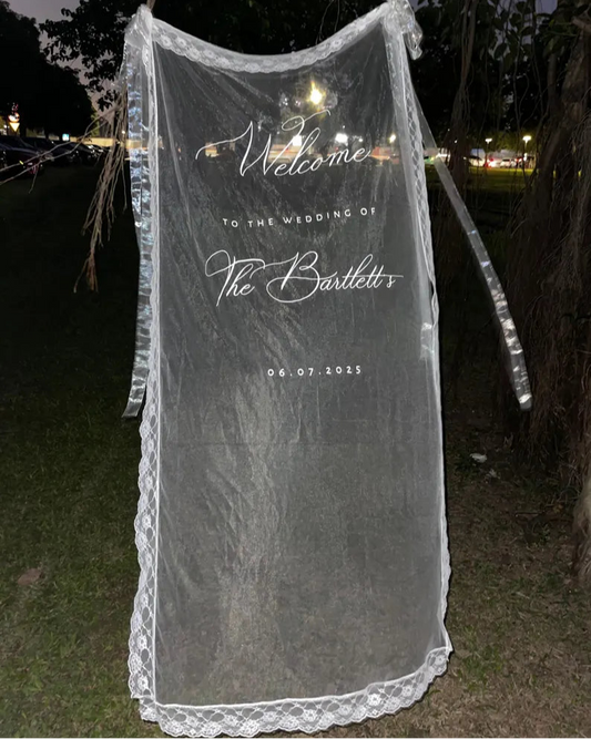 Romantic Sheer Wedding Welcome Sign, Personalized Lace-Trimmed Sign, Luxury Sheer Wedding Welcome Sign, Elegant Bridal Lace Décor