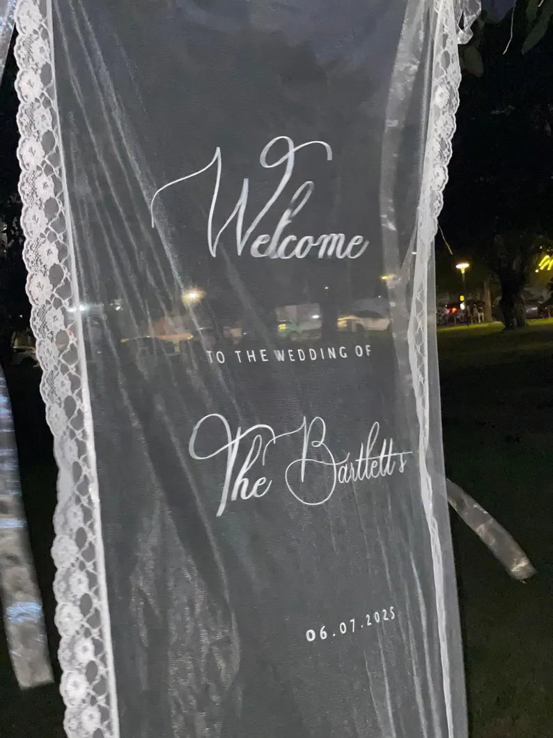 Romantic Sheer Wedding Welcome Sign, Personalized Lace-Trimmed Sign, Luxury Sheer Wedding Welcome Sign, Elegant Bridal Lace Décor