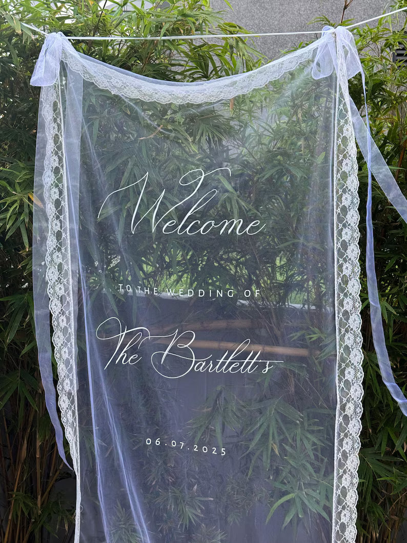 Welcome Fabric Sign, Sheer Sign, Fabric Sign, Wedding Veil, fabric sign, Custom Wedding Welcome Sign, Personalized Lace Edge Sign
