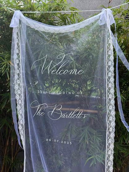 Welcome Fabric Sign, Sheer Sign, Fabric Sign, Wedding Veil, fabric sign, Custom Wedding Welcome Sign, Personalized Lace Edge Sign