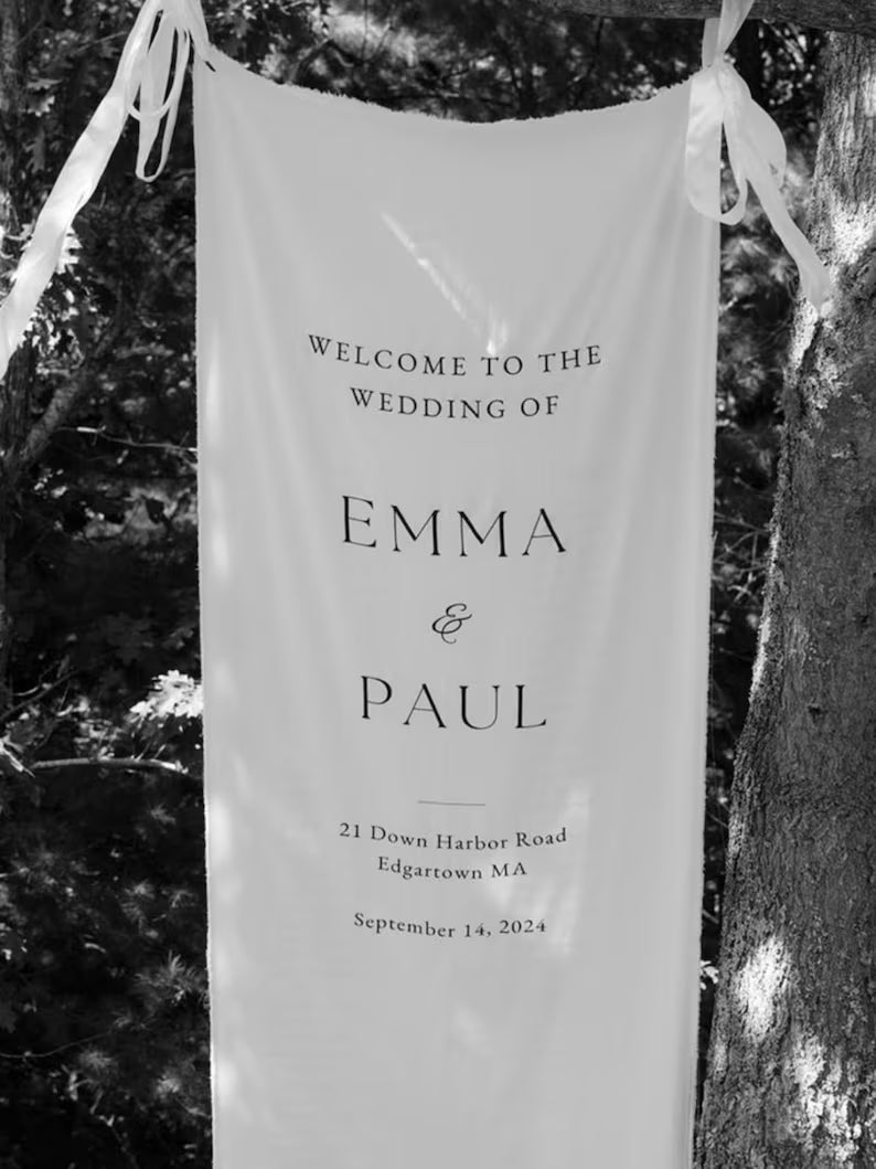 Personalized Linen Wedding Sign, Custom Minimal Welcome Sign, Fabric Welcome Sign, Wedding Decoration, Custom Fabric Wedding Sign with Stand