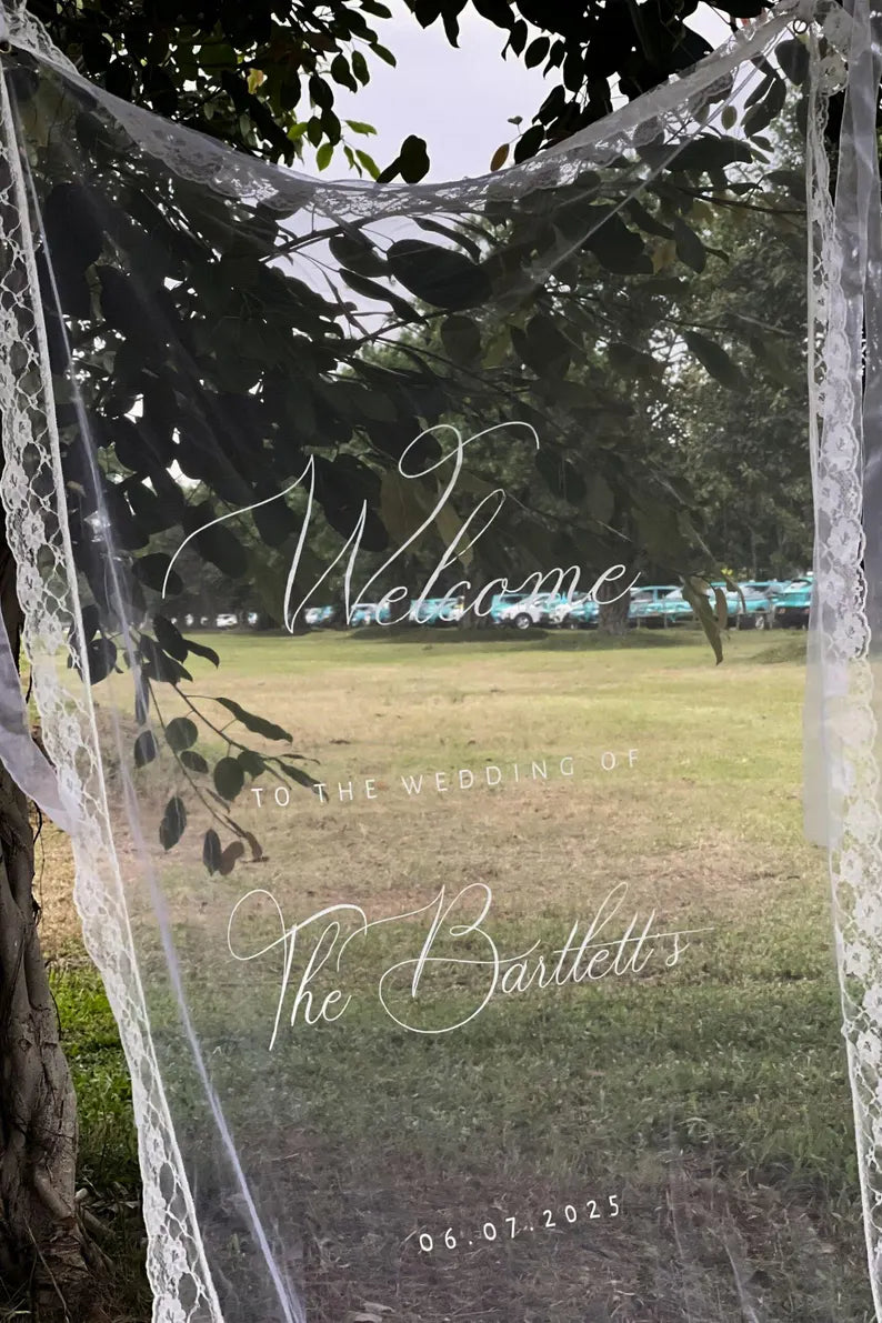 Welcome Fabric Sign, Sheer Sign, Fabric Sign, Wedding Veil, fabric sign, Custom Wedding Welcome Sign, Personalized Lace Edge Sign