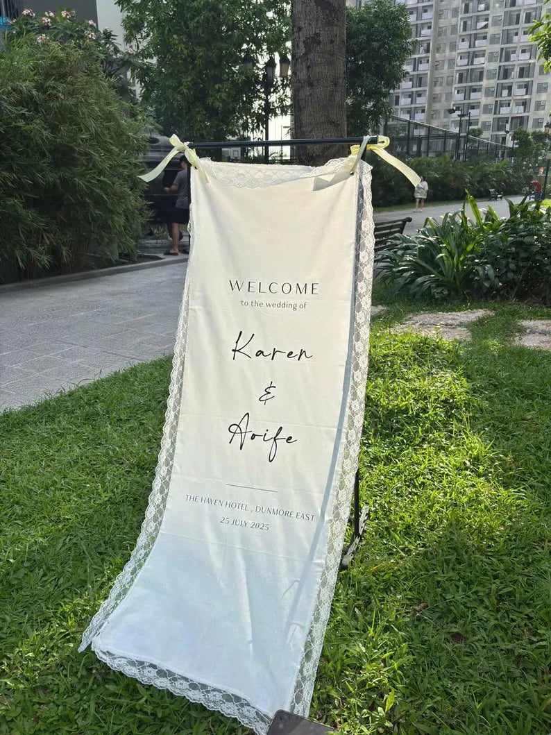 Welcome Wedding Sign | Custom Fabric Banner | Lace Wedding Backdrop | Personalized Wedding Signage