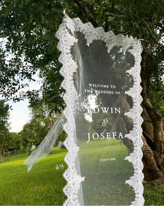 Welcome Fabric Sign, Sheer Sign, Fabric Sign, Wedding Veil, fabric sign, Custom Wedding Welcome Sign, Personalized Lace Edge Sign