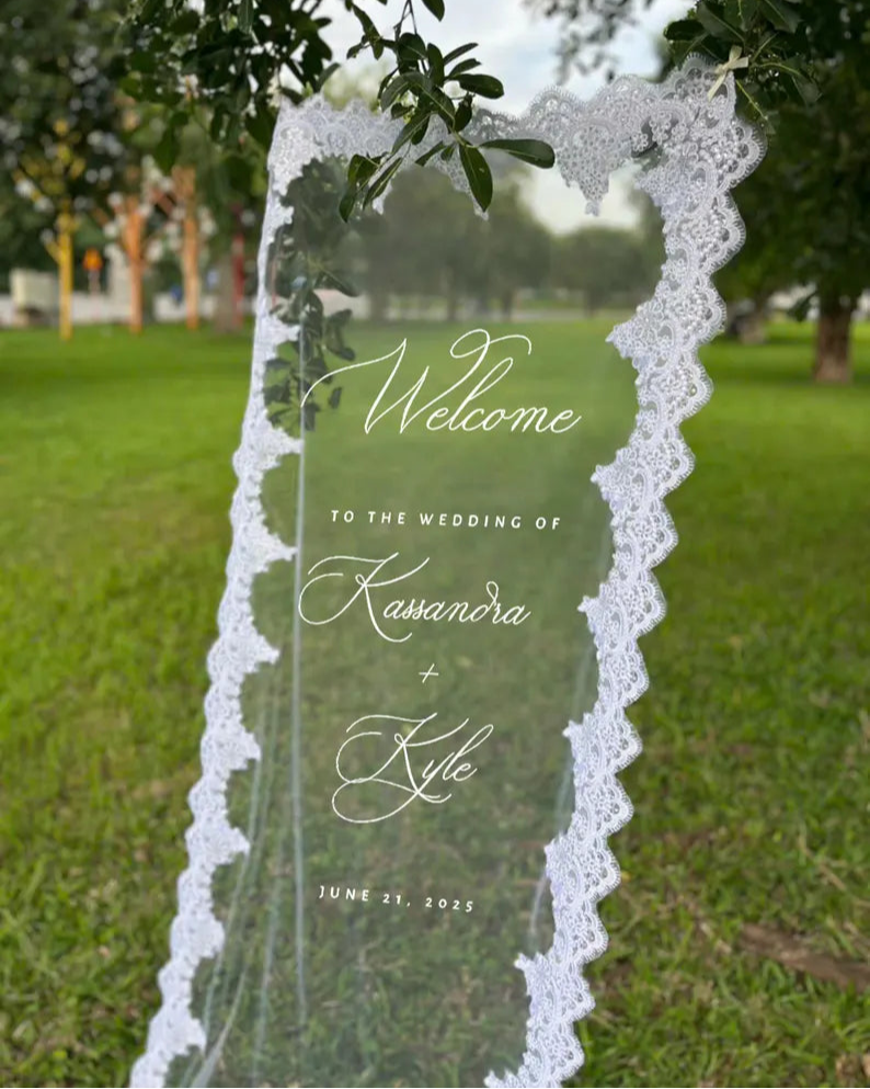 Welcome Fabric Sign, Sheer Sign, Fabric Sign, Wedding Veil, fabric sign, Custom Wedding Welcome Sign, Personalized Lace Edge Sign