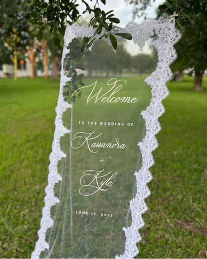 Welcome Fabric Sign, Sheer Sign, Fabric Sign, Wedding Veil, fabric sign, Custom Wedding Welcome Sign, Personalized Lace Edge Sign