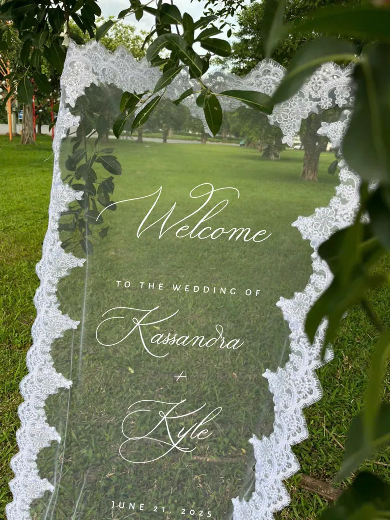 Welcome Fabric Sign, Sheer Sign, Fabric Sign, Wedding Veil, fabric sign, Custom Wedding Welcome Sign, Personalized Lace Edge Sign