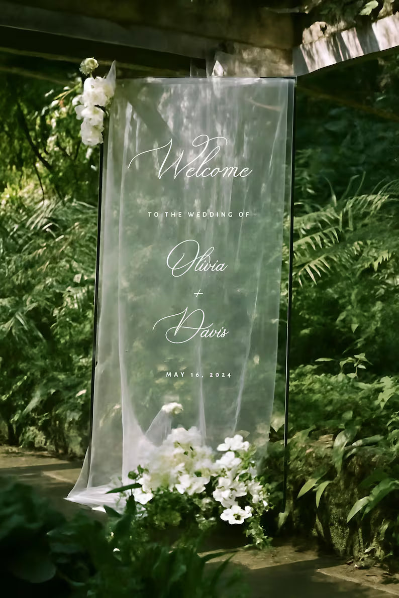 Welcome Fabric Sign, Sheer Sign, Fabric Sign, Wedding Veil, fabric sign, Custom Wedding Welcome Sign, Personalized Lace Edge Sign