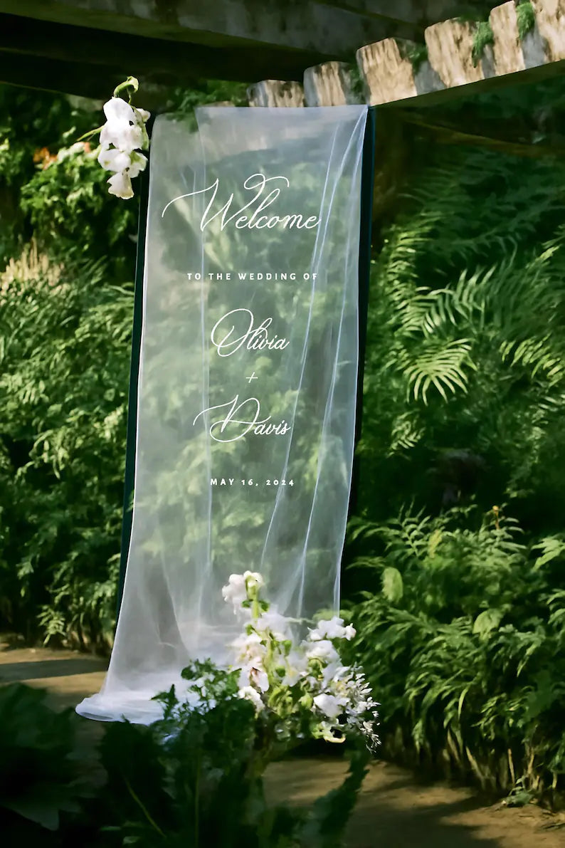 Welcome Fabric Sign, Sheer Sign, Fabric Sign, Wedding Veil, fabric sign, Custom Wedding Welcome Sign, Personalized Lace Edge Sign