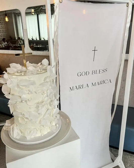 God Bless Fabric Banner, Baptism Welcome Sign, Christening Decor, Personalized Linen Banner, Baby Dedication Sign
