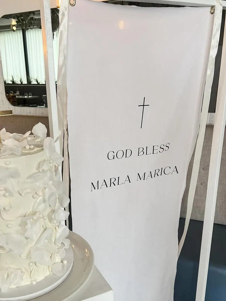 God Bless Fabric Banner, Baptism Welcome Sign, Christening Decor, Personalized Linen Banner, Baby Dedication Sign
