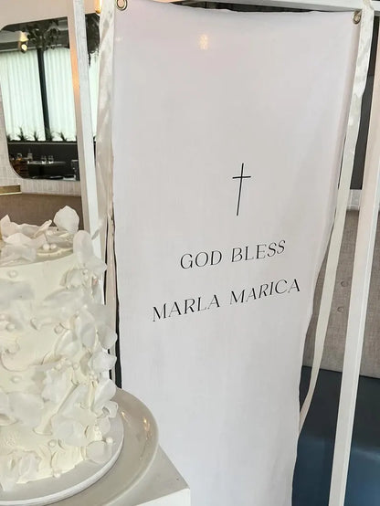 God Bless Fabric Banner, Baptism Welcome Sign, Christening Decor, Personalized Linen Banner, Baby Dedication Sign