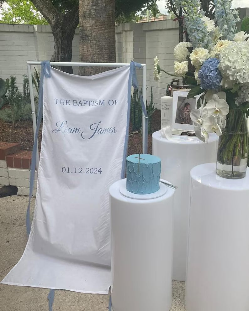 God Bless Fabric Banner, Baptism Welcome Sign, Christening Decor, Personalized Linen Banner, Baby Dedication Sign