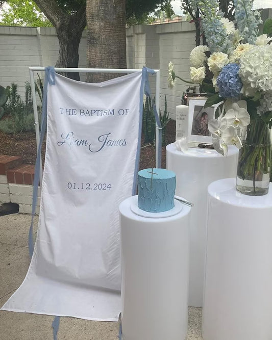 God Bless Fabric Banner, Baptism Welcome Sign, Christening Decor, Personalized Linen Banner, Baby Dedication Sign