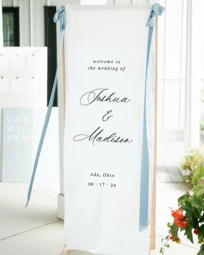 Minimalist Wedding Welcome Sign, Custom Fabric Wedding Banner with Names & Date, Outdoor Garden Ceremony Decor, Personalized Linen Sign