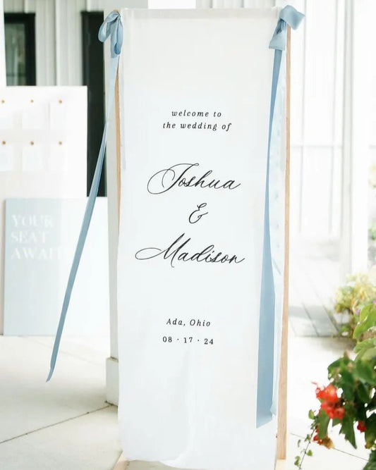Minimalist Wedding Welcome Sign, Custom Fabric Wedding Banner with Names & Date, Outdoor Garden Ceremony Decor, Personalized Linen Sign