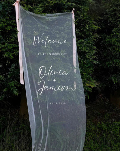 Sheer Wedding Sign, Romantic Wedding Sign, Wedding Backdrop, Voile Wedding Banner, Organza Wedding Sign, Fabric Welcome Sign