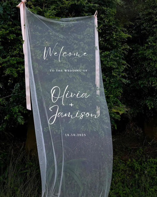 Sheer Wedding Sign, Romantic Wedding Sign, Wedding Backdrop, Voile Wedding Banner, Organza Wedding Sign, Fabric Welcome Sign