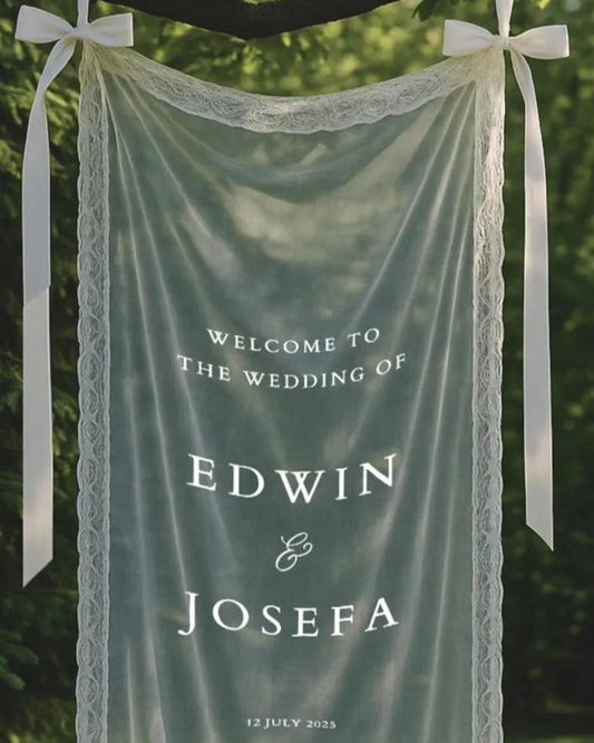 Elegant Wedding Sheer Welcome Sign with Lace Border – Personalized Wedding Entrance Décor