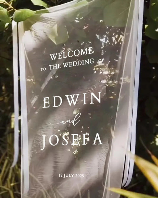 Romantic Sheer Wedding Sign, Linen Wedding Welcome Sign, Modern Outdoor Wedding Banner, Personalized Wedding Decoration, Engagement Party Sign