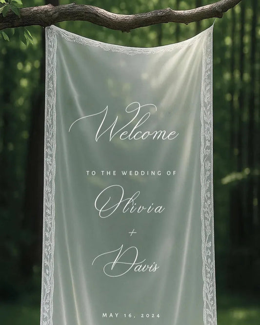 Welcome Fabric Sign, Sheer Sign, Fabric Sign, Wedding Veil, fabric sign, Custom Wedding Welcome Sign, Personalized Lace Edge Sign