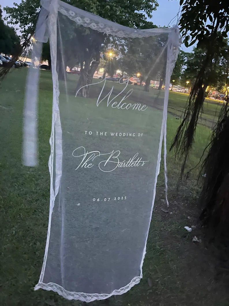 Welcome Fabric Sign, Sheer Sign, Fabric Sign, Wedding Veil, fabric sign, Custom Wedding Welcome Sign, Personalized Lace Edge Sign