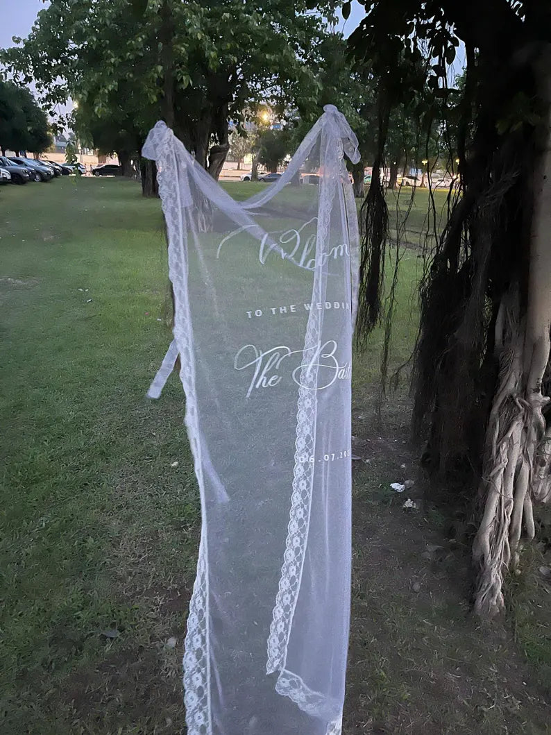 Welcome Fabric Sign, Sheer Sign, Fabric Sign, Wedding Veil, fabric sign, Custom Wedding Welcome Sign, Personalized Lace Edge Sign
