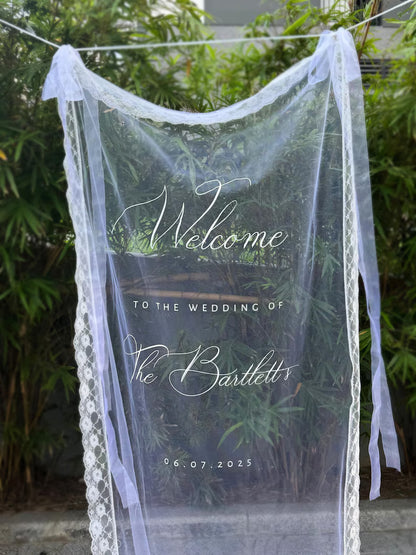 Welcome Fabric Sign, Sheer Sign, Fabric Sign, Wedding Veil, fabric sign, Custom Wedding Welcome Sign, Personalized Lace Edge Sign