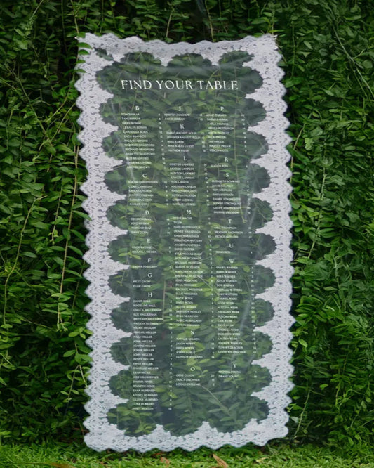 Lace Seating Chart Wedding, Sheer Fabric Table Plan, Personalized Elegant Banner,Custom Sheer Lace Seating Chart