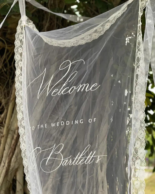 Welcome Fabric Sign, Sheer Sign, Fabric Sign, Wedding Veil, fabric sign, Custom Wedding Welcome Sign, Personalized Lace Edge Sign
