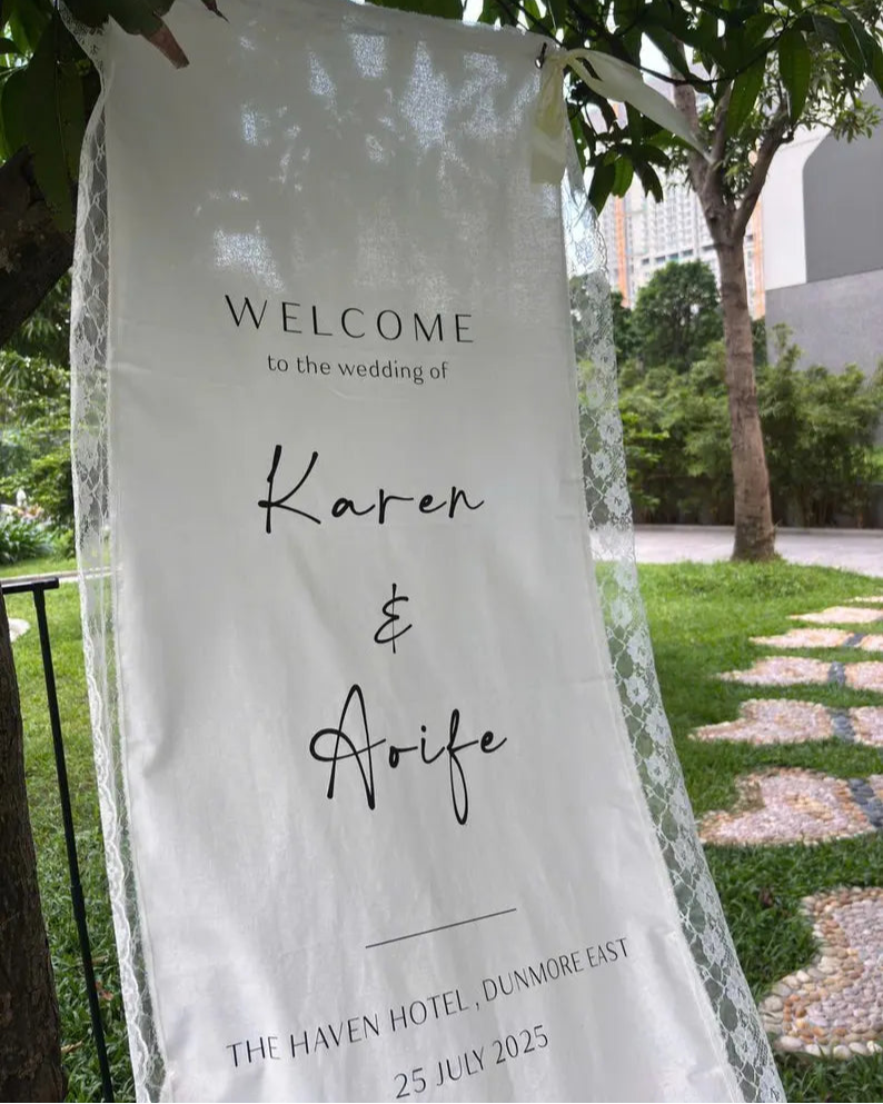 Welcome Wedding Sign | Custom Fabric Banner | Lace Wedding Backdrop | Personalized Wedding Signage