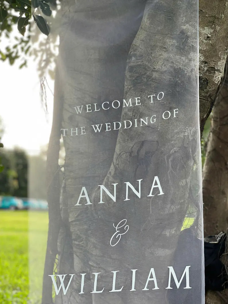 Sheer Wedding Sign, Romantic Wedding Sign, Wedding Backdrop, Voile Wedding Banner, Organza Wedding Sign, Fabric Welcome Sign