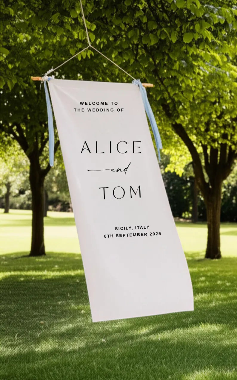 Minimalist Wedding Welcome Sign, Custom Fabric Wedding Banner with Names & Date, Outdoor Garden Ceremony Decor, Personalized Linen Sign