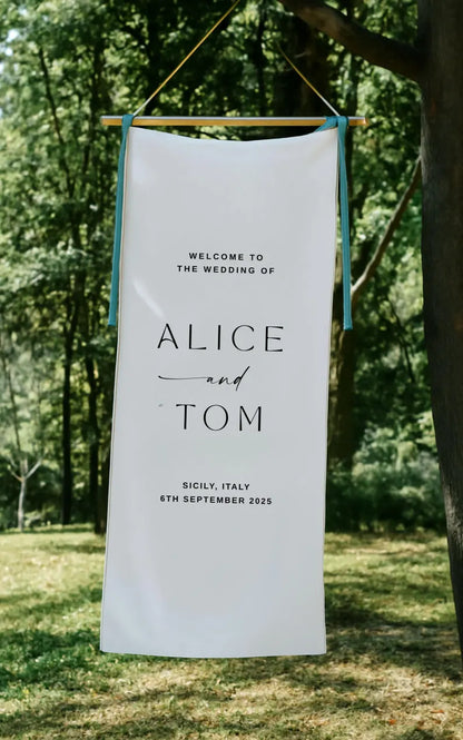 Minimalist Wedding Welcome Sign, Custom Fabric Wedding Banner with Names & Date, Outdoor Garden Ceremony Decor, Personalized Linen Sign