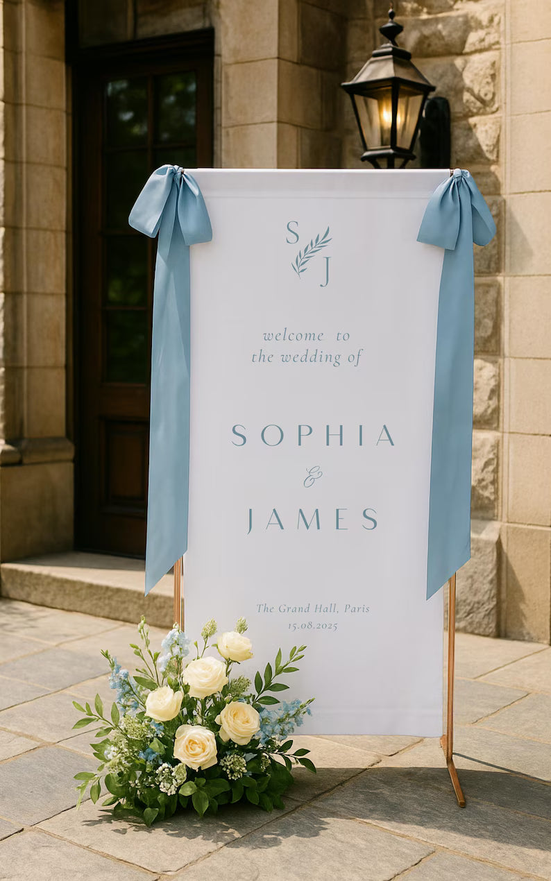 Custom Wedding Fabric Sign, Linen Wedding Welcome Sign, Modern Outdoor Wedding Banner, Personalized Wedding Decoration, Engagement Sign