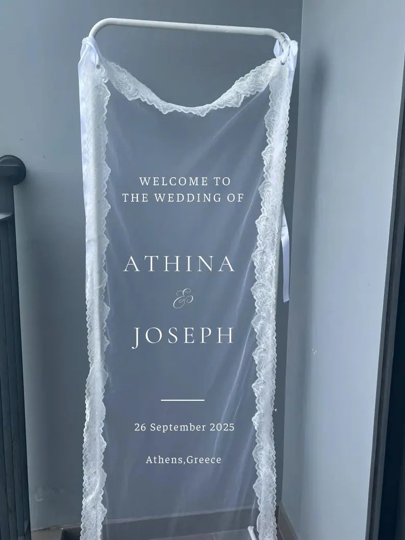 Welcome Fabric Sign, Sheer Sign, Fabric Sign, Wedding Veil, fabric sign, Custom Wedding Welcome Sign, Personalized Lace Edge Sign