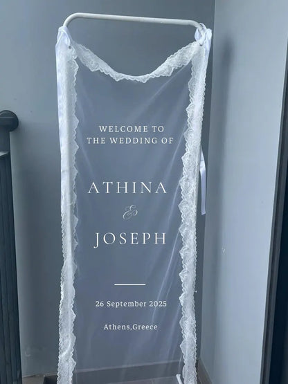 Welcome Fabric Sign, Sheer Sign, Fabric Sign, Wedding Veil, fabric sign, Custom Wedding Welcome Sign, Personalized Lace Edge Sign