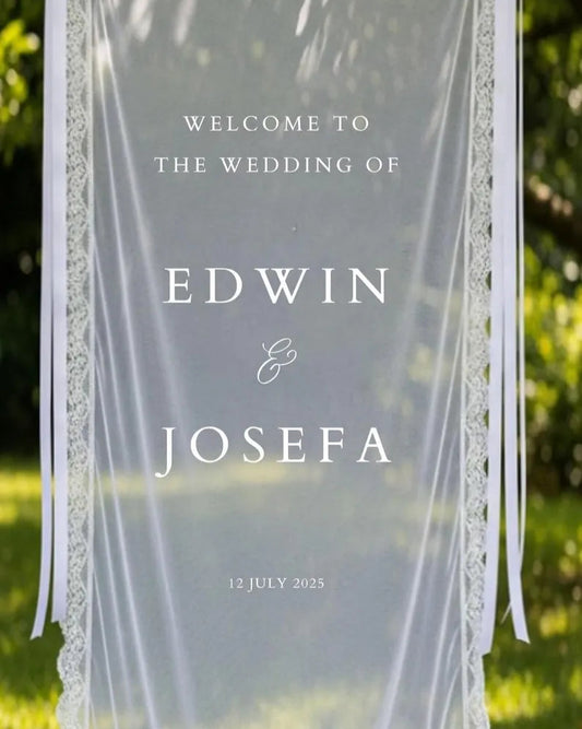 Welcome Fabric Sign, Sheer Sign, Fabric Sign, Wedding Veil, fabric sign, Custom Wedding Welcome Sign, Personalized Lace Edge Sign