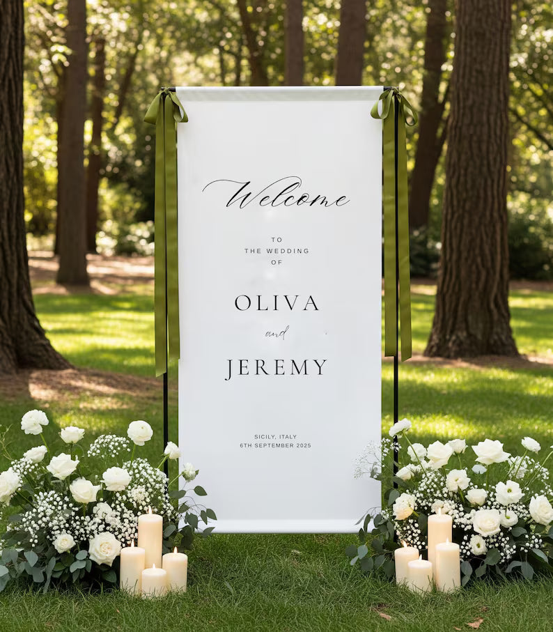 Custom Wedding Fabric Sign, Linen Wedding Welcome Sign, Modern Outdoor Wedding Banner, Personalized Wedding Decoration,Engagement Party Sign