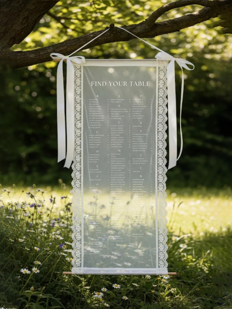 Lace Sheer Table, Sheer Table Sign, Lace Seating Chart, Sheer Wedding Decor, Wedding Table Banner, Fabric Seating Chart