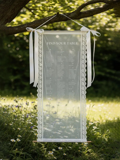 Lace Sheer Table, Sheer Table Sign, Lace Seating Chart, Sheer Wedding Decor, Wedding Table Banner, Fabric Seating Chart
