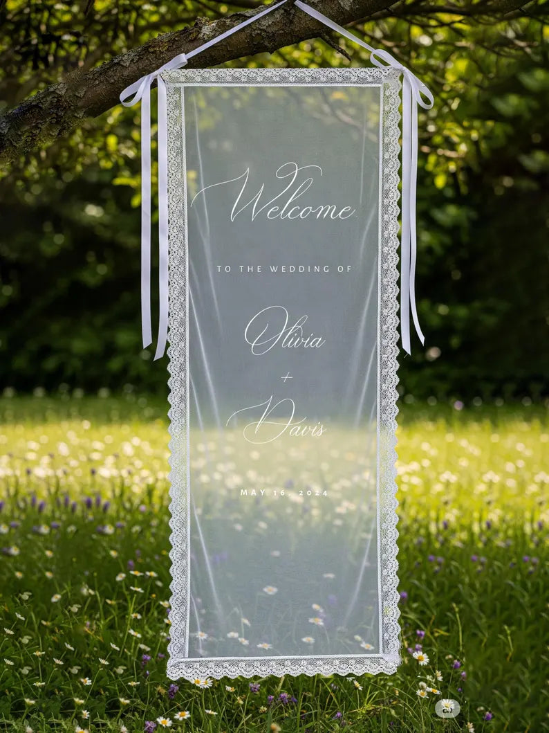 Romantic Sheer Wedding Sign, Linen Wedding Welcome Sign,Modern Outdoor Wedding Banner, Personalized Wedding Decoration,Engagement Party Sign