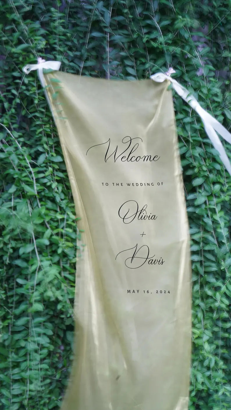 Minimalist Wedding Welcome Sign, Custom Fabric Wedding Banner with Names & Date, Outdoor Garden Ceremony Decor, Personalized Sheer Sign
