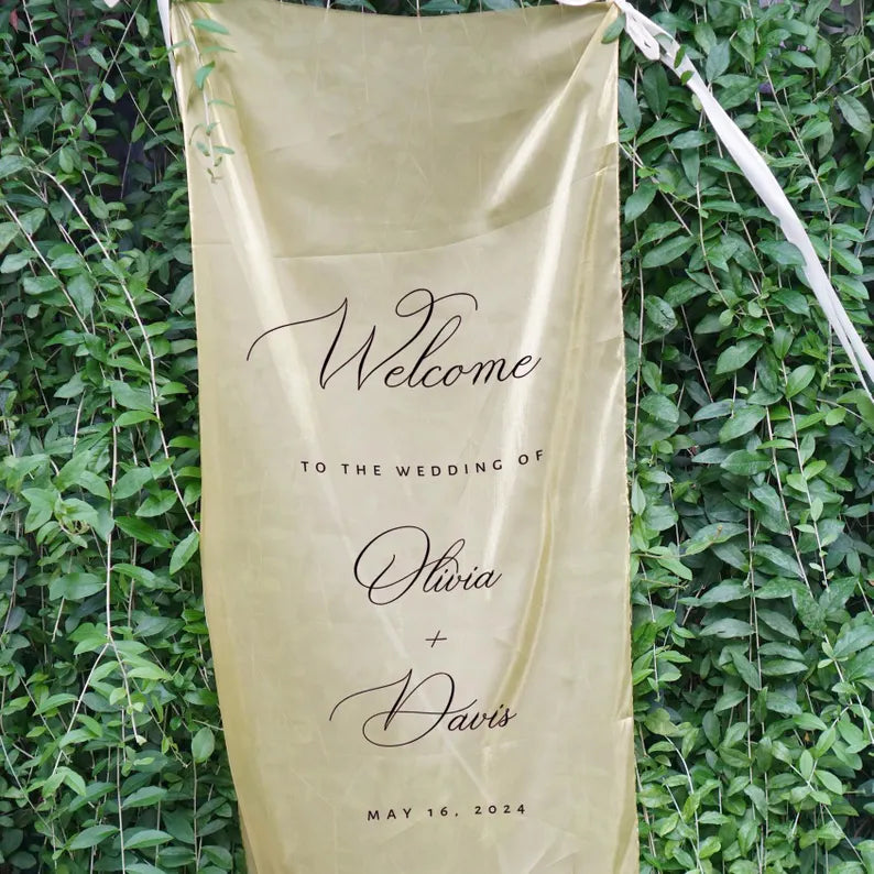 Minimalist Wedding Welcome Sign, Custom Fabric Wedding Banner with Names & Date, Outdoor Garden Ceremony Decor, Personalized Sheer Sign