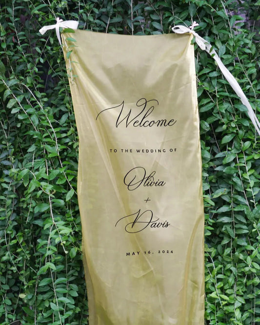 Minimalist Wedding Welcome Sign, Custom Fabric Wedding Banner with Names & Date, Outdoor Garden Ceremony Decor, Personalized Sheer Sign