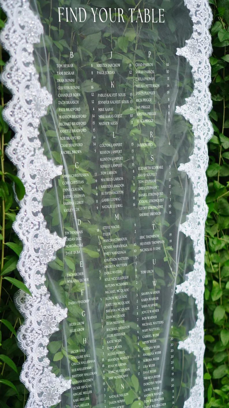 Lace Seating Chart Wedding, Sheer Fabric Table Plan, Personalized Elegant Banner,Custom Sheer Lace Seating Chart