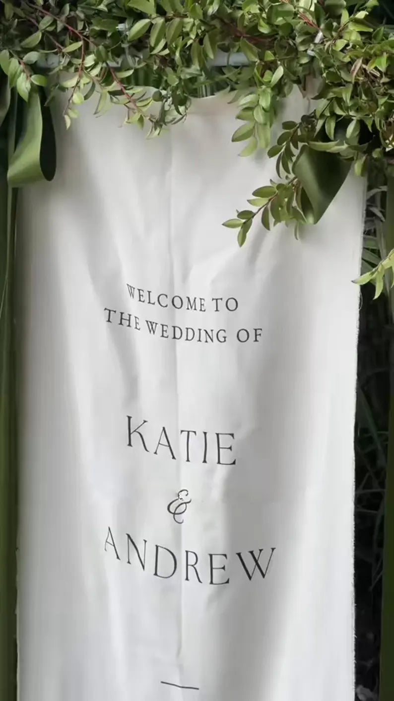 Personalized Linen Wedding Sign, Custom Minimal Welcome Sign, Fabric Welcome Sign, Wedding Decoration, Custom Fabric Wedding Sign with Stand